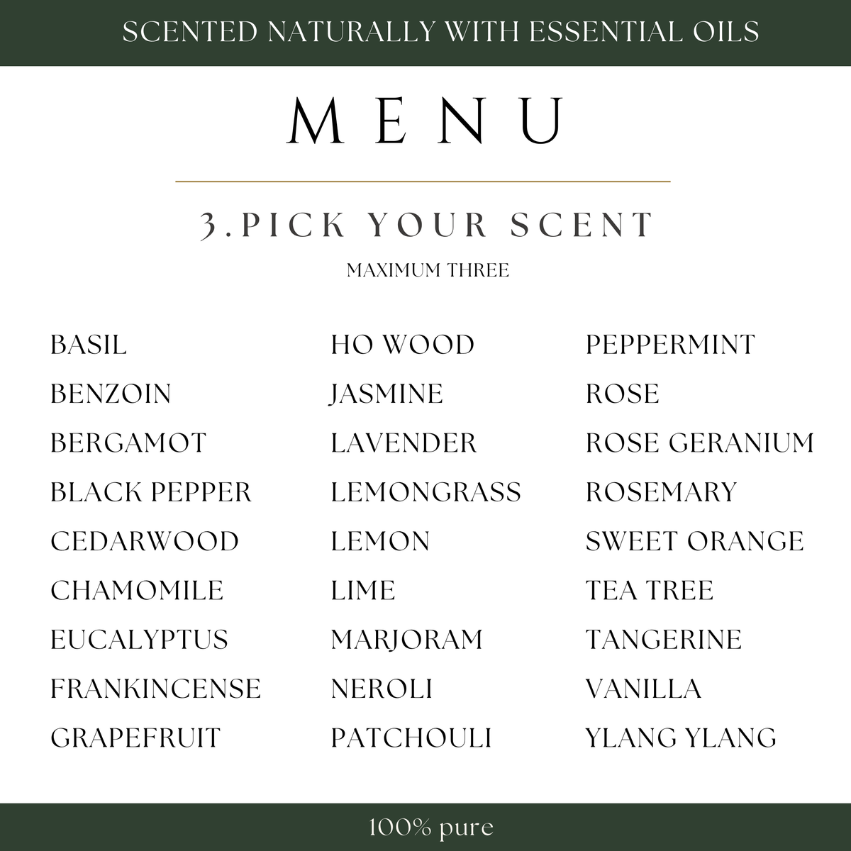 Menu for custom-blended body oil bar scents with a list of 30 essential oil options. Step 3: Pick up to 3 essential oils for your custom scent