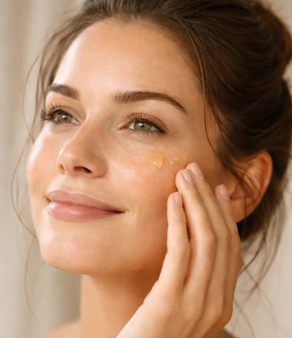 Woman applying rosehip seed oil to her face with a neutral background