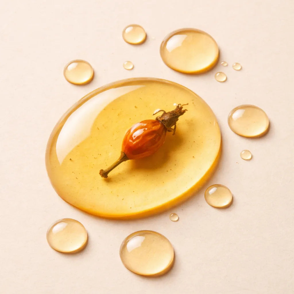 Rosehip fruit with droplets of oil on a beige background