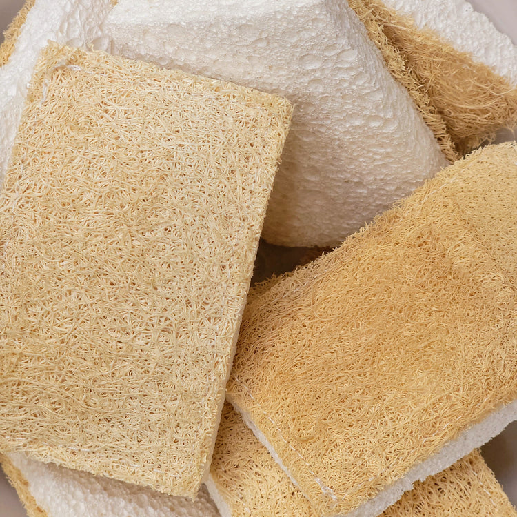 pile of biodegradable sponges made of loofah and cellulose