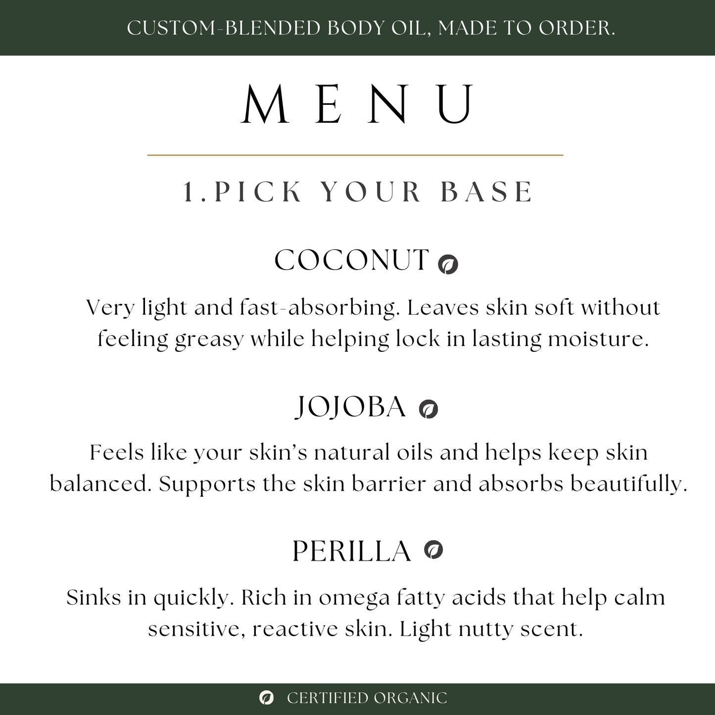 Body oil bar menu with base options and descriptions on a white background. Step 1: Choose your carrier oil base - jojoba, coconut, or perilla