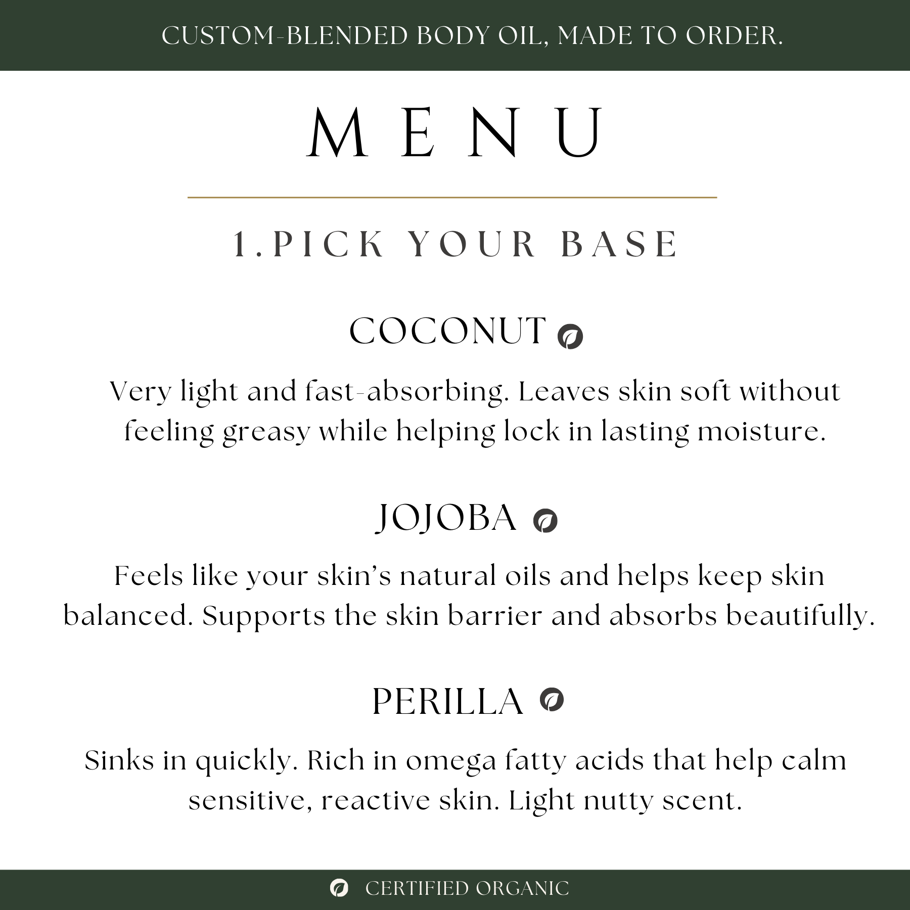 Body oil bar menu with base options and descriptions on a white background. Step 1: Choose your carrier oil base - jojoba, coconut, or perilla
