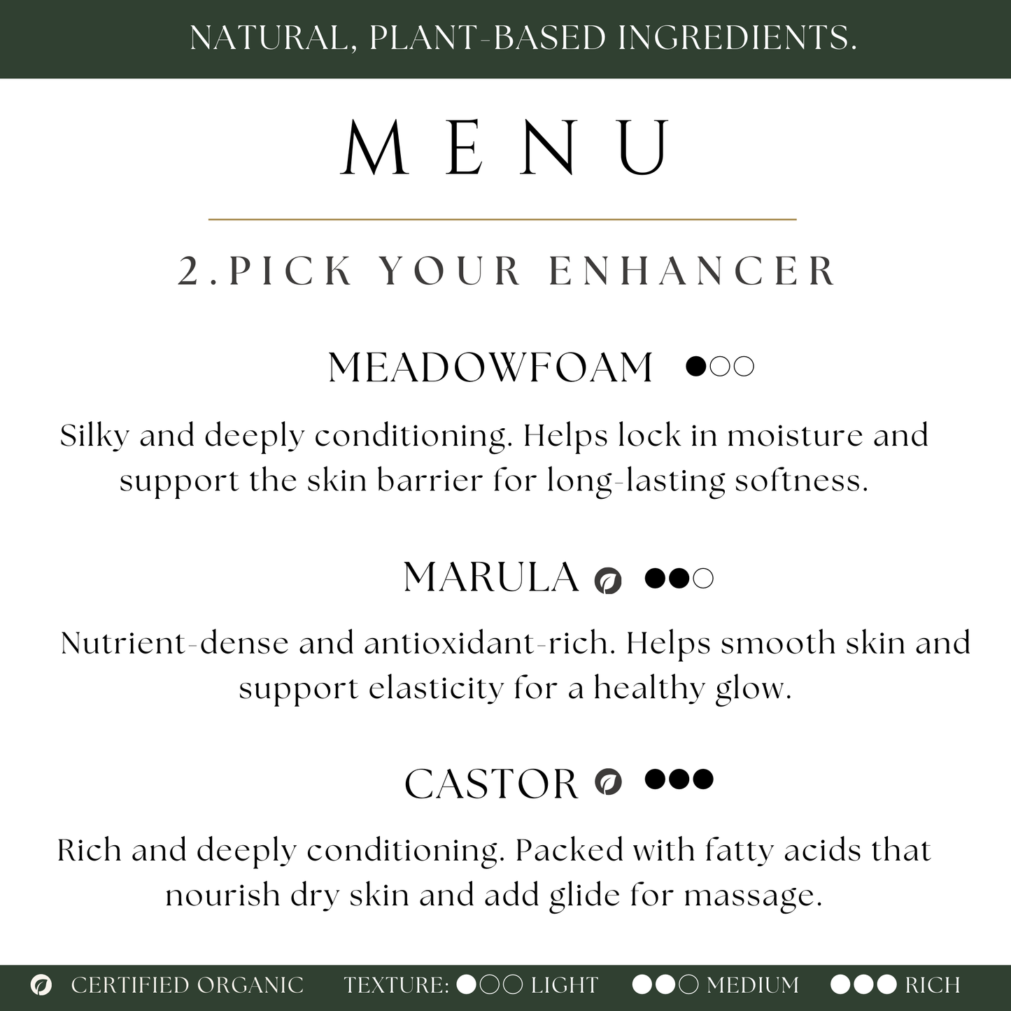 Menu for custom body oil bar enhancers with options for meadowfoam, marula, and castor oil 