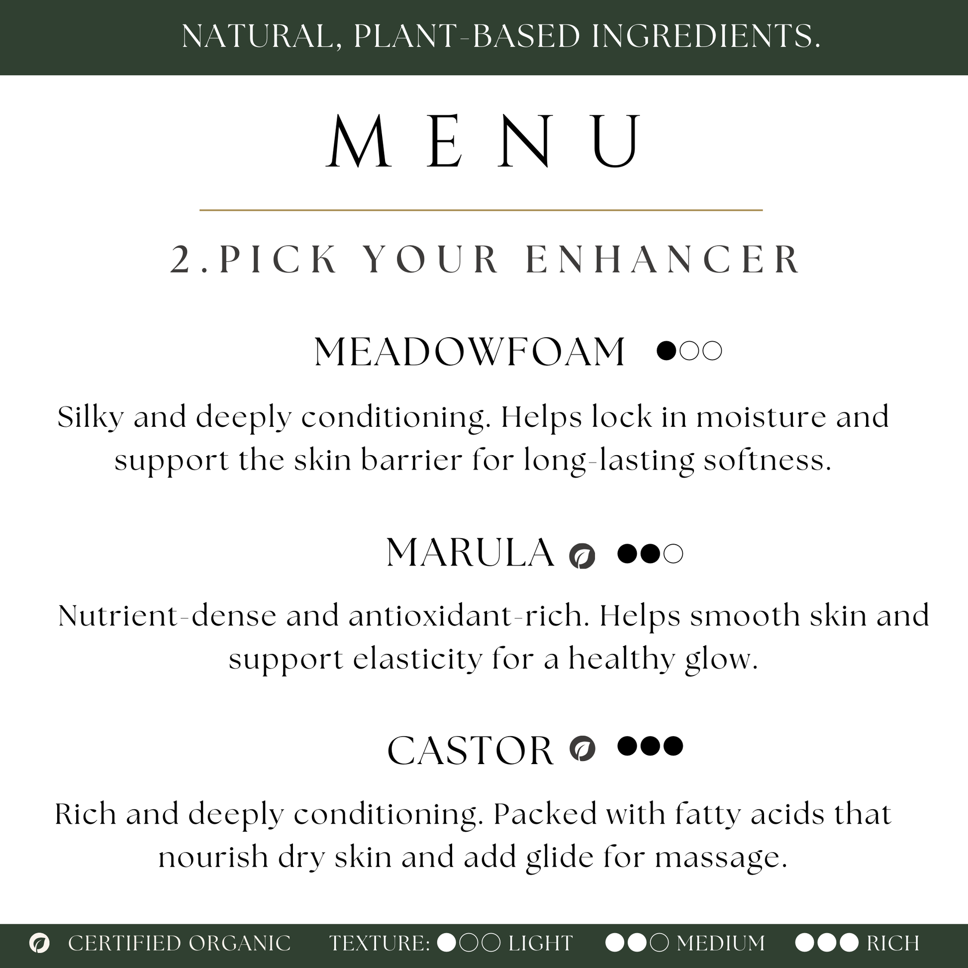 Menu for custom body oil bar enhancers with options for meadowfoam, marula, and castor oil 