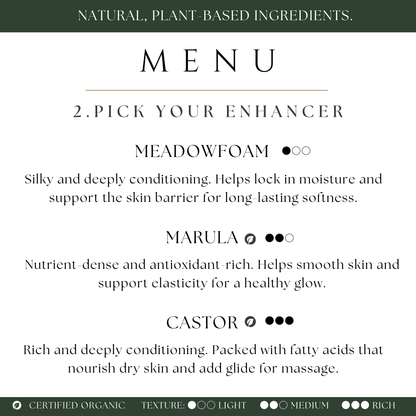 Menu for custom body oil bar enhancers with options for meadowfoam, marula, and castor oil 