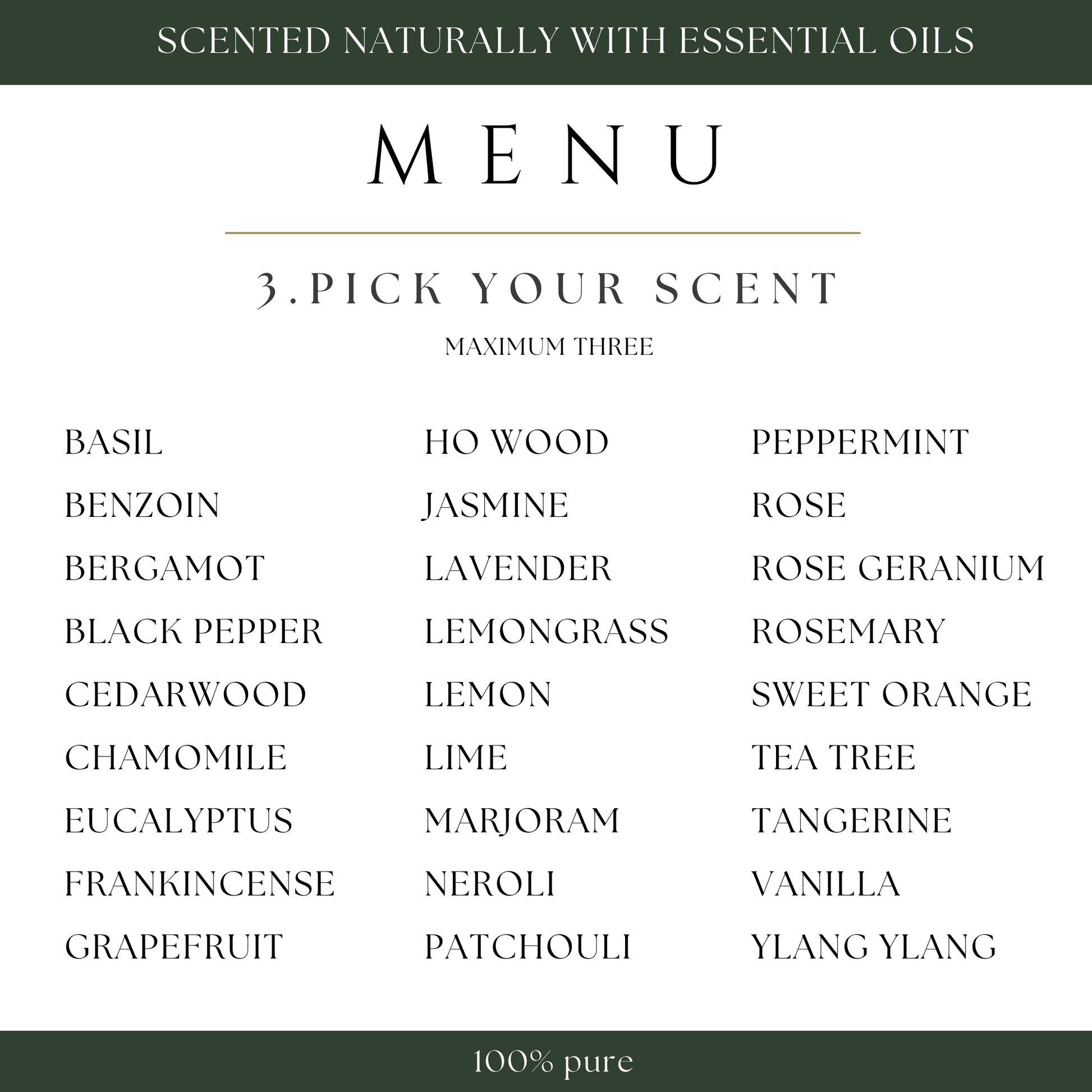 Menu for custom-blended body oil bar scents with a list of 30 essential oil options. Step 3: Pick up to 3 essential oils for your custom scent