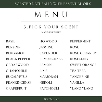 Menu for custom-blended body oil bar scents with a list of 30 essential oil options. Step 3: Pick up to 3 essential oils for your custom scent