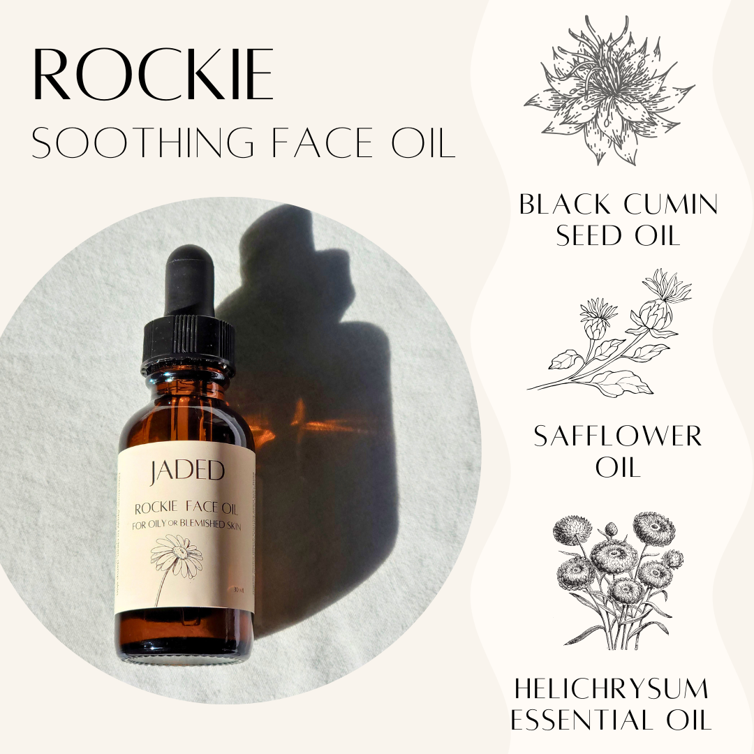 rockie soothing face oil ingredients black cumin seed oil, safflower oil and helichrysum essential oil