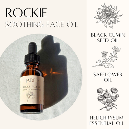 rockie soothing face oil ingredients black cumin seed oil, safflower oil and helichrysum essential oil