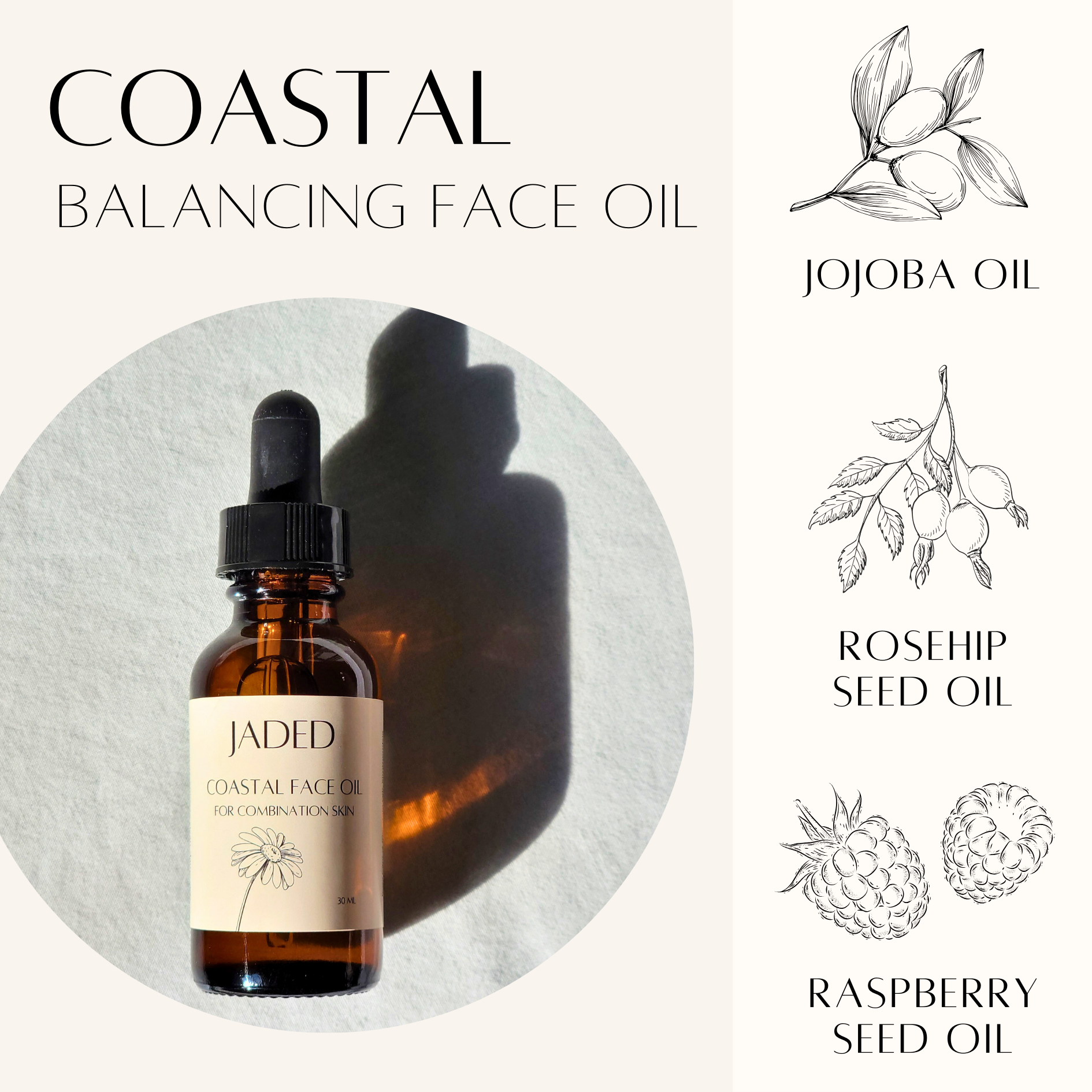 coastal balancing face oil jojoba rosehip seed and raspberry seed oil