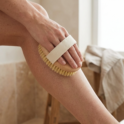 Person using a natural bristle dry body brush on their leg in a bathroom setting.