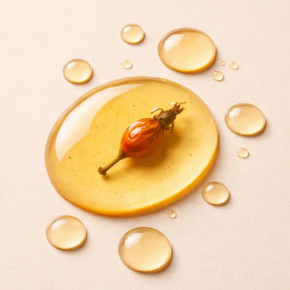 Rosehip fruit with droplets of oil on a beige background
